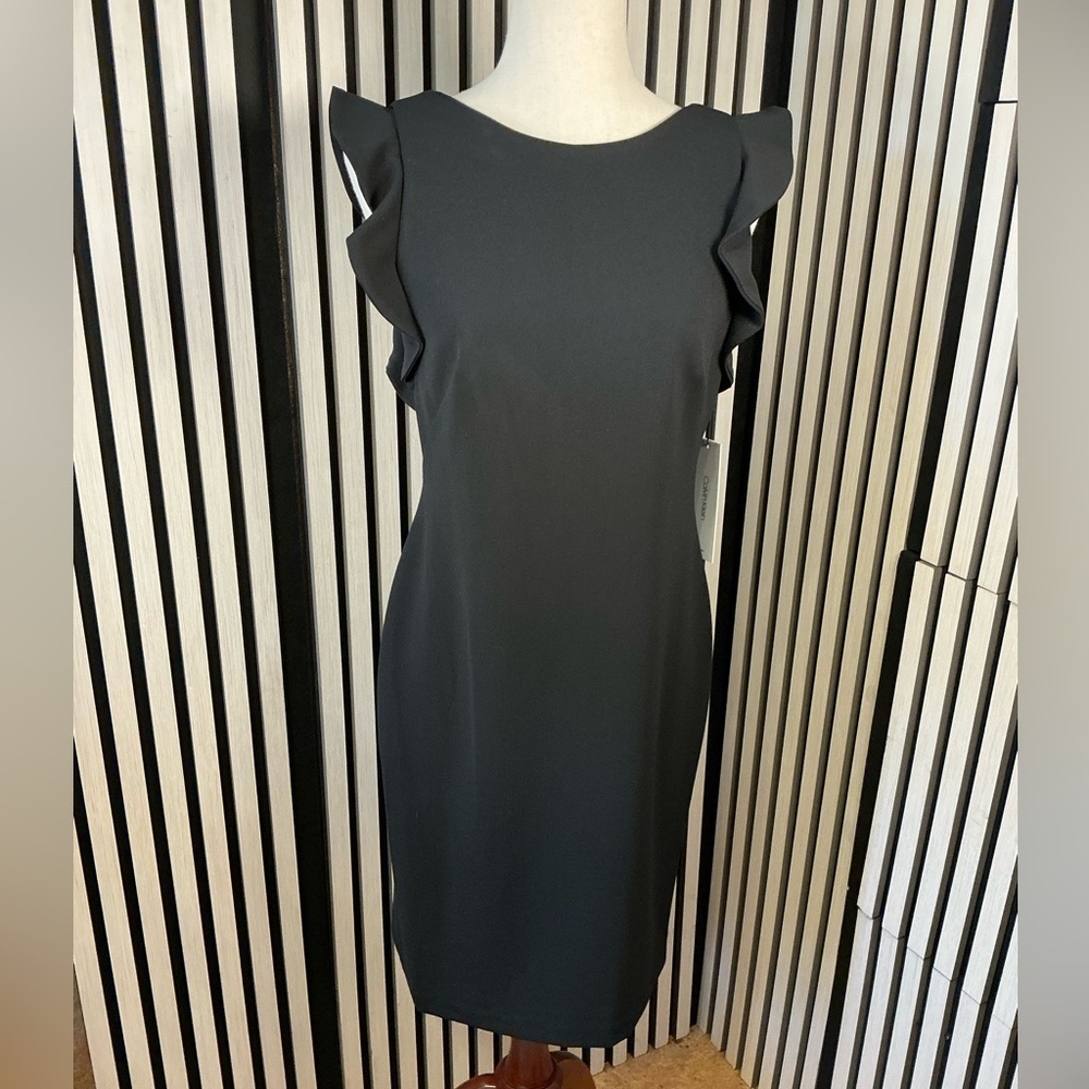 New Calvin Klein Black Midi Dress with Ruffle Sleeves, Sz 6